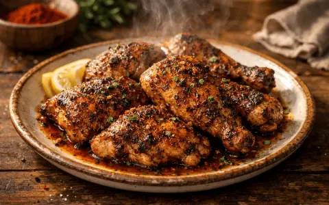 Sabroso pollo cajun humeante en un plato rústico, con gajos de limón y un cuenco de pimentón al fondo.