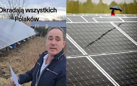 Mężczyzna przy panelach słonecznych, sugerujący, że "Tauron mój prąd" okrada Polaków. W tle widać kolejne panele i osobę z parasolem.