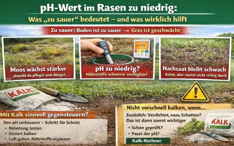 Rasen mit zu niedrigem pH-Wert: Moos wächst, Nachsaat schwach. Mit Kalk den pH-Wert verbessern. Was tun bei Rasen pH-Wert 7?