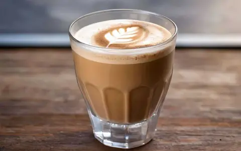 Ein Glas Cortado Kaffee mit Milchschaum-Latte-Art auf einem Holztisch.