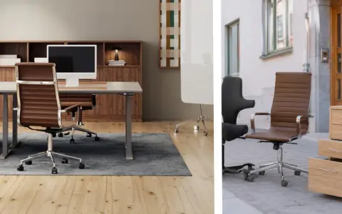 Bruna kontorsstolar och ett modernt skrivbord ger inspiration kontor. En lådhurts står utomhus.