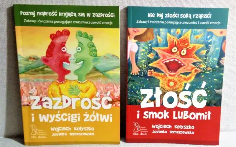 Dwie książki dla dzieci: "Zazdrość i wyścigi żółwi" oraz "Złość i smok LuBomit". To filmy animowane o emocjach, które pomagają je zrozumieć.
