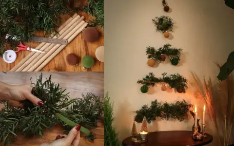 Julgrans inspo: gör en väggjulgran av granris och bollar. Enkla steg för en unik jul.