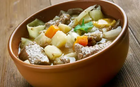 Un copieux plat typique des Pyrénées, un ragoût de bœuf avec pommes de terre et carottes, servi dans un bol en terre cuite.