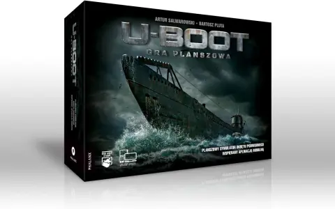U-Boot gra planszowa. Mroczny okręt podwodny wynurza się z wzburzonych fal pod burzowym niebem.