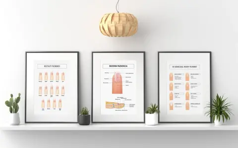Ilustracje omawiające budowę paznokcia, jego kształty i zmiany.