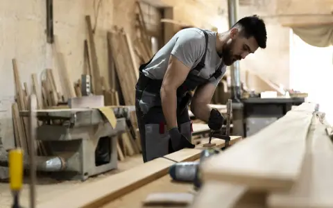 Carpintero ajustando una pieza de madera con una prensa. En el taller, se aprecian varios tablones y maquinaria, listos para crear acabados de madera perfectos.