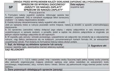 Formularz do złożenia sprzeciwu lub zarzutów. Instrukcje wypełniania, dane sądu, sygnatura akt i dane pozwanych.