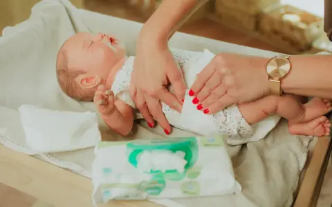 Delikatne dłonie z czerwonymi paznokciami pokazują, jak przewijać noworodka, używając chusteczek nawilżanych.