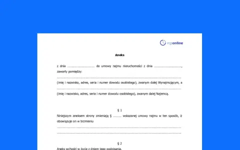 Aneks do umowy najmu nieruchomości, zawierający dane stron i postanowienia dotyczące zmian w umowie.
