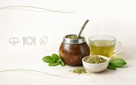 Niskie yerba mate kcal. Tradycyjny naczynie z bombillą, filiżanka naparu i miseczka suszu, otoczone świeżymi listkami.