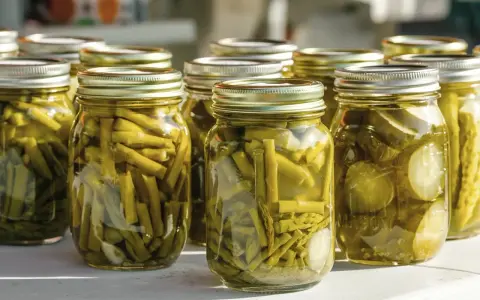Gläser mit eingelegtem Gemüse. Achten Sie auf Anzeichen, um Botulismus in Konserven zu erkennen: Blasenbildung, trübe Flüssigkeit oder ein seltsamer Geruch.