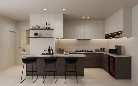 Elegantes diseños cocinas con isla, barra de desayuno, vinoteca y electrodomésticos modernos.