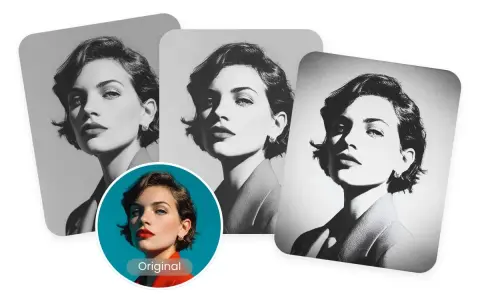 Trois portraits d'une femme en **couleur noir et blanc**, montrant différentes intensités de gris. L'original est en couleur.