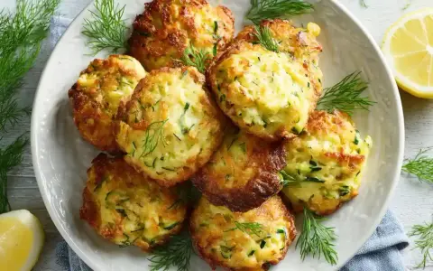 Goldbraune Zucchinipuffer, perfekt für Kinder, auf einem Teller mit Dill und Zitronenspalten garniert.