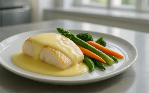 Filet de poisson nappé d'une onctueuse sauce beurre blanc, accompagné de légumes verts et de carottes.