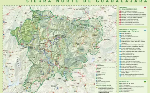 Mapa del parque natural de la sierra norte de Guadalajara, con senderos, miradores y puntos de interés.