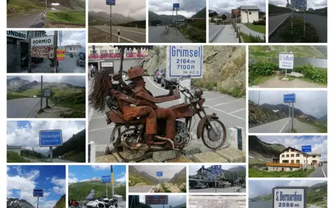 Przełęcz okraj, znaki drogowe i krajobrazy górskie. Widok na przełęcz Grimsel, S. Bernardino, Furkapass i inne.