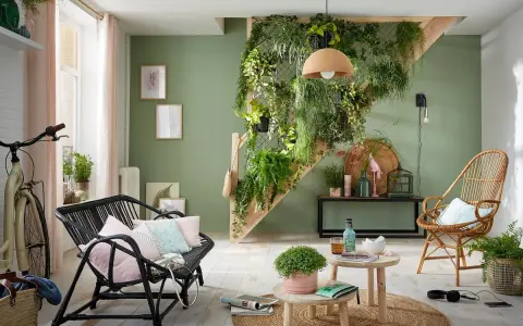 Une idée déco escalier mur avec un mur végétal luxuriant, un vélo vintage, des meubles en rotin et des coussins pastel.