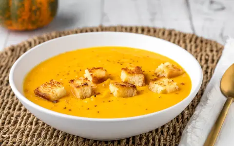 Una cremosa vellutata di zucca, guarnita con crostini dorati, pronta per essere gustata in una fredda giornata autunnale.
