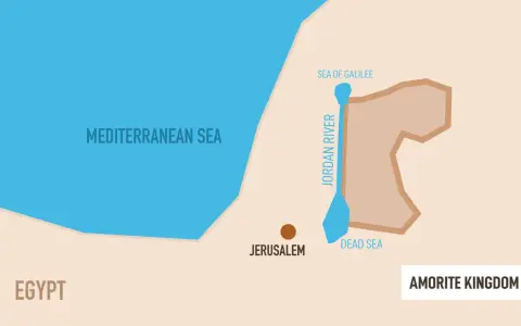 Map showing the Mediterranean Sea, Egypt, Jerusalem, the Jordan River, Sea of Galilee, Dead Sea, and the Amorite Kingdom.