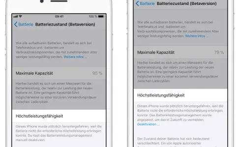 iPhone-Batteriezustand: Maximale Kapazität 79%. Die Leistung wurde wegen der Batterie angepasst.