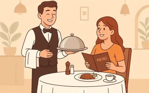 Un camarero sonriente presenta un plato cubierto a una clienta que lee el menú. El **food service** en acción, una experiencia culinaria.