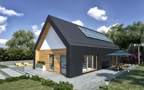 Nowoczesny projekt domu 100m2 z panelami słonecznymi na dachu, drewnianą elewacją i tarasem z jadalnią na świeżym powietrzu.