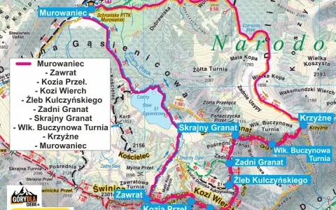 Mapa Tatr z zaznaczonymi szlakami, w tym Orlą Percią. Widoczne szczyty: Murowaniec, Zadni Granat, Krzyżne.