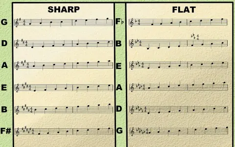Partitions musicales montrant des gammes en dièses et bémols, avec une ligne mélodique claire pour chaque tonalité.