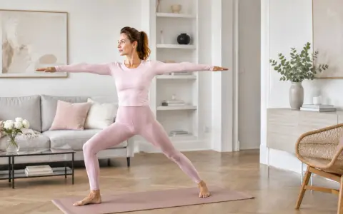 Kobieta w różowym stroju ćwiczy jogę w salonie. Widoczne są piękne pilates efekty: smukła sylwetka i pewność siebie.