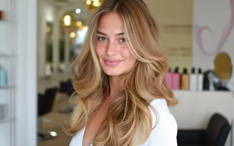 Uśmiechnięta blondynka z fryzurą butterfly cut, z falowanymi włosami w odcieniach blondu i brązu, prezentuje efektowną metamorfozę w salonie fryzjerskim.