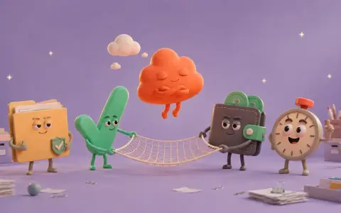 Personajes animados: carpeta, tick, nube, cartera y reloj, sostienen una red para que los autónomos tengan paro.