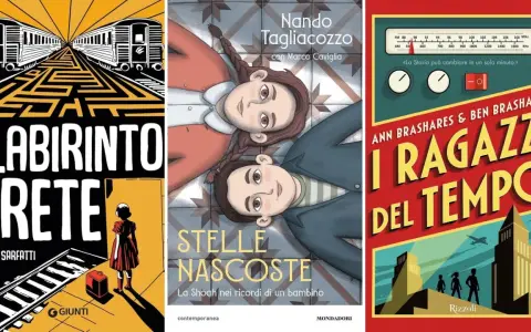 Copertine di libri: "Il labirinto di Creta", "Stelle nascoste" e "I ragazzi del tempo", perfetti fumetti per ragazzi di 13 anni.
