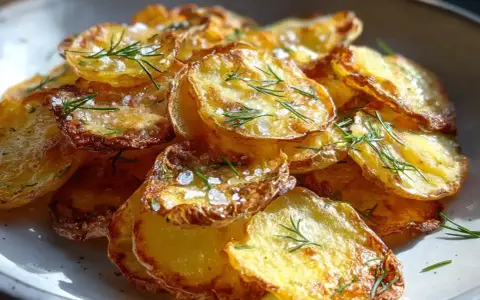 Krispiga, gyllene skivor av grillad potatis toppas med flingsalt och färsk dill. En perfekt sidorätt som passar till det mesta.