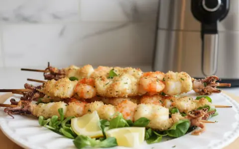 Spiedini di gamberi e calamari impanati, cotti alla perfezione nella friggitrice ad aria, serviti su un letto di insalata con spicchi di limone.