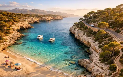 Malownicza zatoka z turkusową wodą, plażą i łodziami. Idealne miejsce, by sprawdzić, co zobaczyć na Palma de Mallorca.