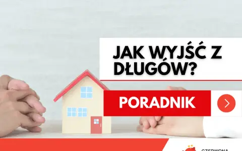 Model domu, ręce złożone w geście troski i napis "Jak wyjść z długów?". Poradnik finansowy.