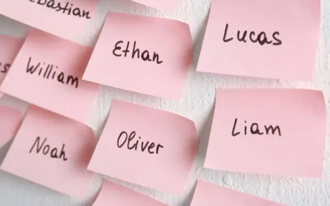 Różowe karteczki z popularnymi amerykańskimi imionami: Ethan, Lucas, Liam, Noah, Oliver, William.