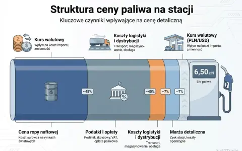 Struktura ceny paliwa: cena ropy naftowej (45%), podatki (40%), logistyka (7%), marża (7%). Kurs walutowy wpływa na koszt importu.