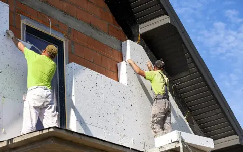 Pracownicy montują styropian na ścianie budynku, realizując termomodernizację.