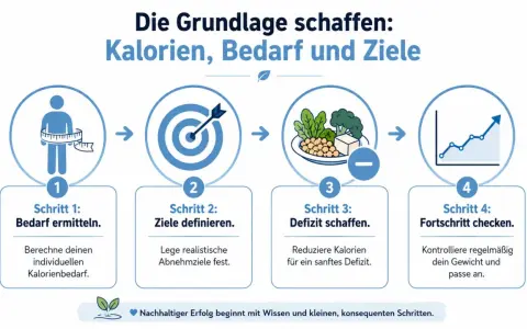 Schritt-für-Schritt-Anleitung für abnehmen in 4 wochen: Bedarf ermitteln, Ziele setzen, Kaloriendefizit schaffen, Fortschritt kontrollieren.