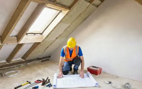 Budowlaniec w kasku i kamizelce analizuje projekt na podłodze w surowej suterenie. Narzędzia i skrzynka z wyposażeniem leżą obok.
