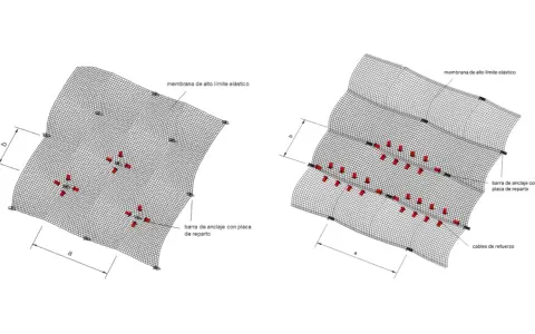 Diagramas de membranas elásticas con puntos de anclaje y barras de refuerzo. Una **guía de anclajes** muestra la distribución de los puntos de sujeción.