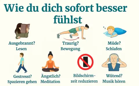 Sechs Illustrationen zeigen, was tun gegen Aufregung: Lesen bei Erschöpfung, Bewegung bei Traurigkeit, Schlafen bei Müdigkeit, Spazierengehen bei Stress, Meditation bei Angst, Bildschirmzeit reduzieren, Musik hören bei Wut.
