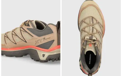 Buty Salomon XT-6 Expanse w kolorze beżowym z pomarańczowymi akcentami. Idealne na szlaki, czy to Salewa, czy Salomon, te buty zapewnią komfort.