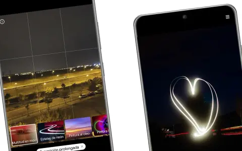 Dwa telefony: jeden pokazuje nocny widok miasta z siatką i opcjami aparatu, drugi – serce narysowane światłem. Migawka w telefonie pozwala na kreatywne ujęcia.