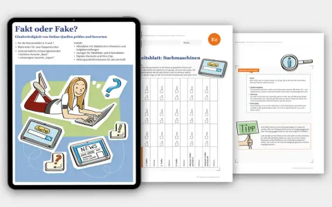 Illustration einer jungen Frau, die auf einem Laptop tippt, umgeben von Icons wie Lupe, Fragezeichen und Nachrichten.