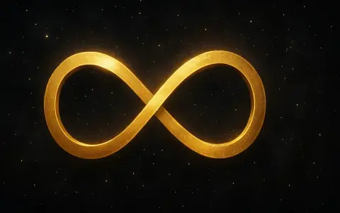 Un simbolo dorato dell'otto infinito brilla su uno sfondo scuro costellato di piccole luci scintillanti, evocando un senso di eternità.