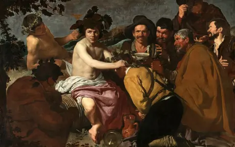 Un grupo de hombres celebra con vino, una escena típica de las pinturas del barroco. Un joven coronado de hojas parece ser el centro de atención.